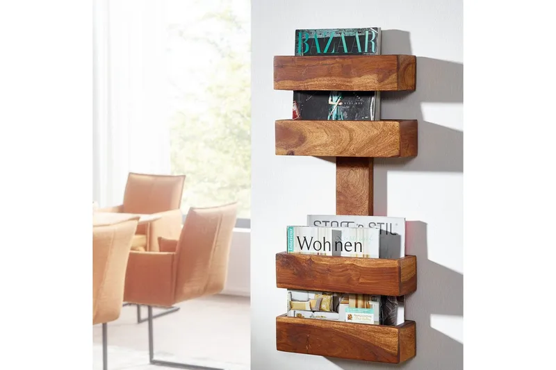 Avisstativ Wohnling massivt tre veggmontering, landlig stil Rosentre - Rosentre - Oppbevaring - Oppbevaring til småting - Oppbevaringsstativ - Avisholdere