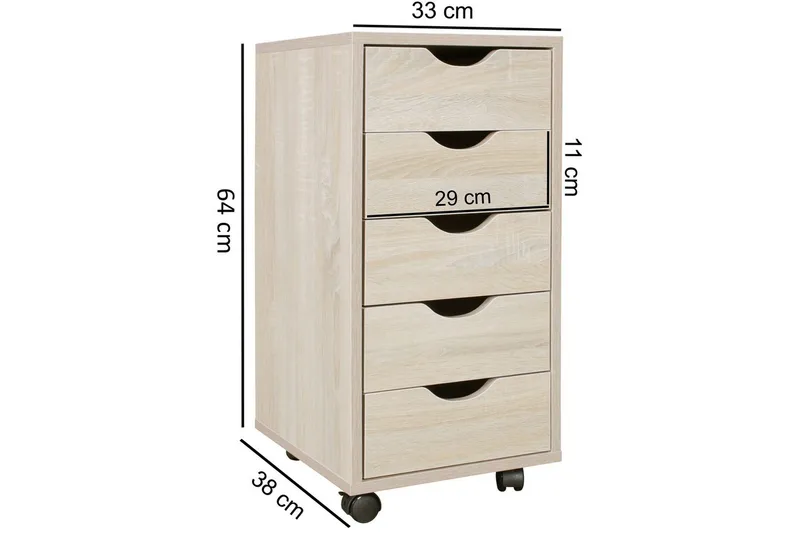 Rullecontainer Wohnling 5 skuffer foliert sponplate med hjul, moderne stil Sonoma - Sonoma - Oppbevaring - Oppbevaringsmøbler - Kommode - Skuffeseksjon