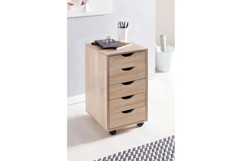 Rullecontainer Wohnling 5 skuffer foliert sponplate med hjul, moderne stil Sonoma - Sonoma - Oppbevaring - Oppbevaringsmøbler - Kommode - Skuffeseksjon