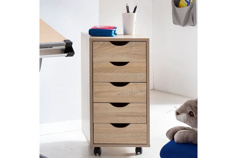 Rullecontainer Wohnling 5 skuffer foliert sponplate med hjul, moderne stil Sonoma - Sonoma - Oppbevaring - Oppbevaringsmøbler - Kommode - Skuffeseksjon