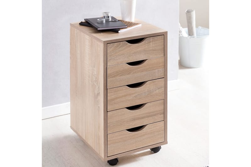 Rullecontainer Wohnling 5 skuffer foliert sponplate med hjul, moderne stil Sonoma - Sonoma - Oppbevaring - Oppbevaring til småting - Oppbevaringsstativ - Laptop stativ