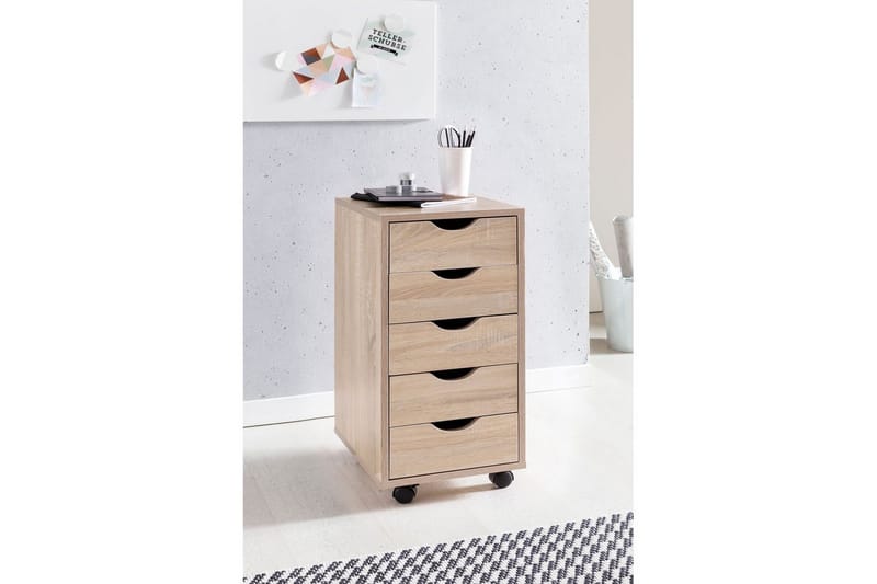 Rullecontainer Wohnling 5 skuffer foliert sponplate med hjul, moderne stil Sonoma - Sonoma - Oppbevaring - Oppbevaring til småting - Oppbevaringsstativ - Laptop stativ
