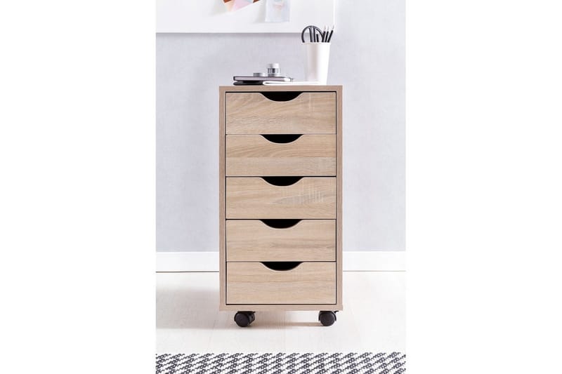 Rullecontainer Wohnling 5 skuffer foliert sponplate med hjul, moderne stil Sonoma - Sonoma - Oppbevaring - Oppbevaring til småting - Oppbevaringsstativ - Laptop stativ
