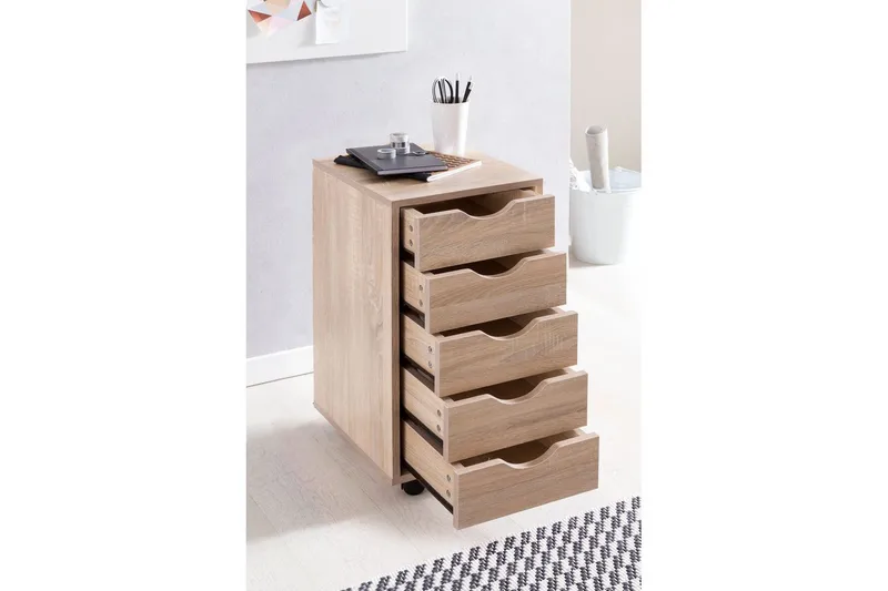 Rullecontainer Wohnling 5 skuffer foliert sponplate med hjul, moderne stil Sonoma - Sonoma - Oppbevaring - Oppbevaringsmøbler - Kommode - Skuffeseksjon