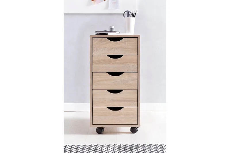 Rullecontainer Wohnling 5 skuffer foliert sponplate med hjul, moderne stil Sonoma - Sonoma - Oppbevaring - Oppbevaringsmøbler - Kommode - Skuffeseksjon