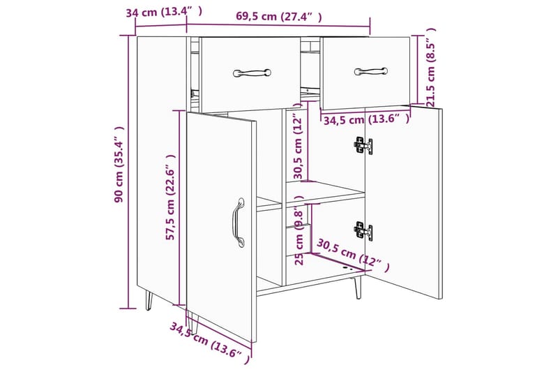 beBasic Skjenk betonggrå 69,5x34x90 cm konstruert tre - GrÃ¥ - Sideboard & skjenker