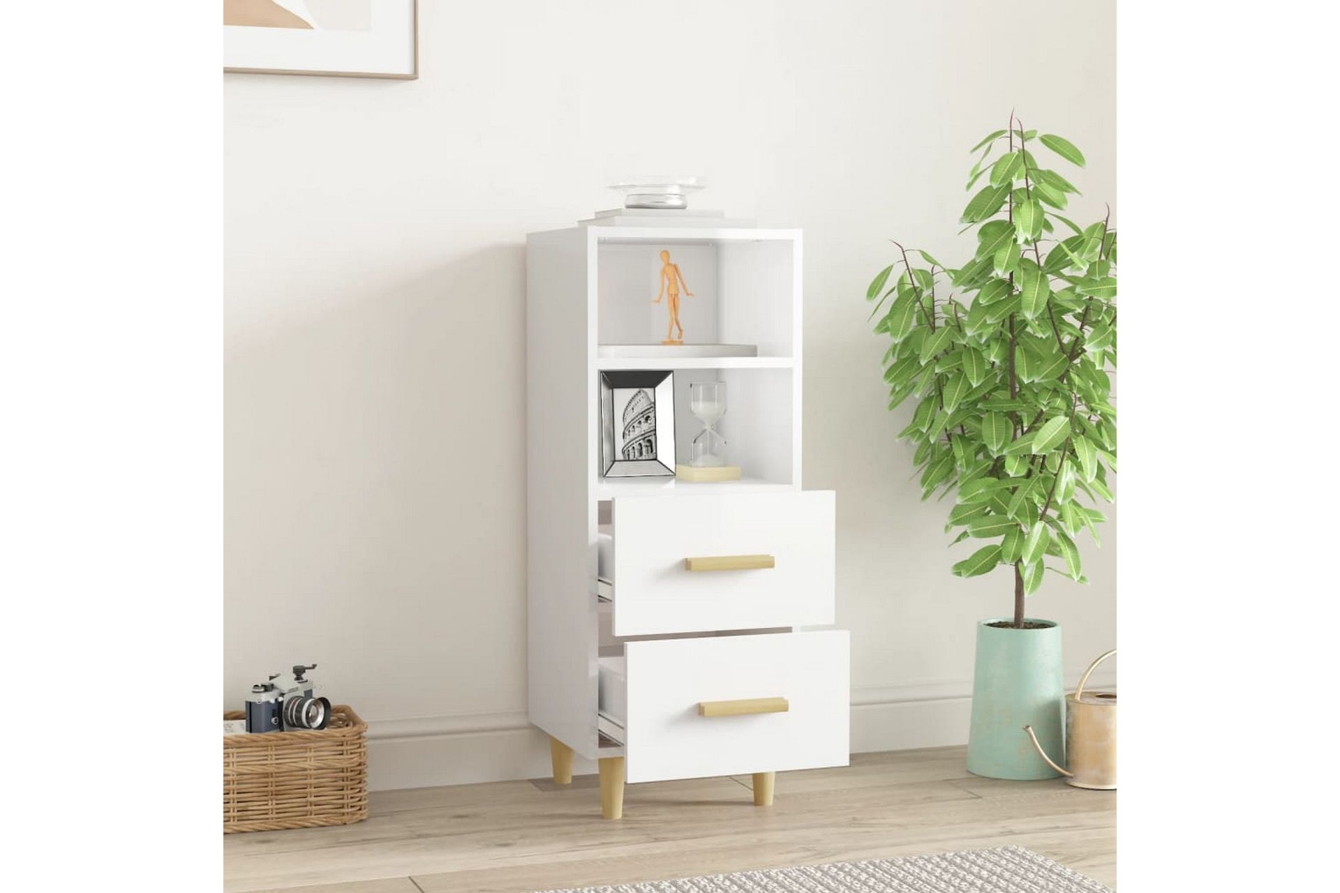 beBasic Skjenk høyglans hvit 34,5x34x90 cm konstruert tre - Hvit - Oppbevaring - Oppbevaringsmøbler - Sideboard & skjenker