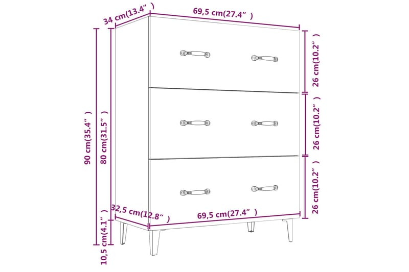 beBasic Skjenk høyglans hvit 69,5x34x90 cm konstruert tre - Hvit - Sideboard & skjenker