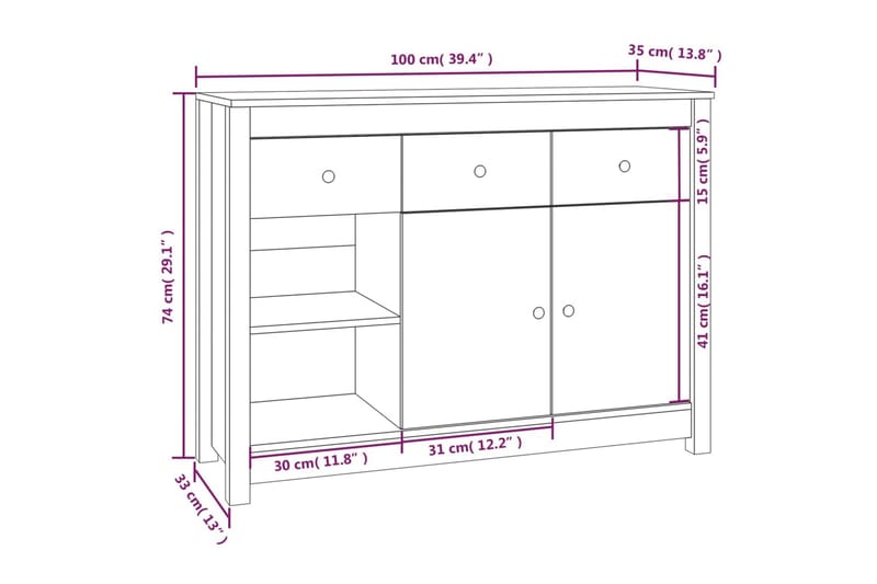 beBasic Skjenk honningbrun 100x35x74 cm heltre furu - Brun - Oppbevaring - Oppbevaringsmøbler - Sideboard & skjenker