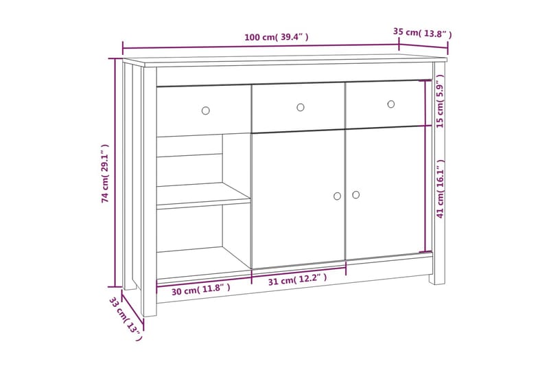 beBasic Skjenk hvit 100x35x74 cm heltre furu - Hvit - Oppbevaring - Oppbevaringsmøbler - Sideboard & skjenker