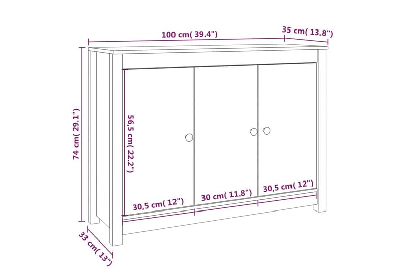 beBasic Skjenk hvit 100x35x74 cm heltre furu - Hvit - Oppbevaring - Oppbevaringsmøbler - Sideboard & skjenker