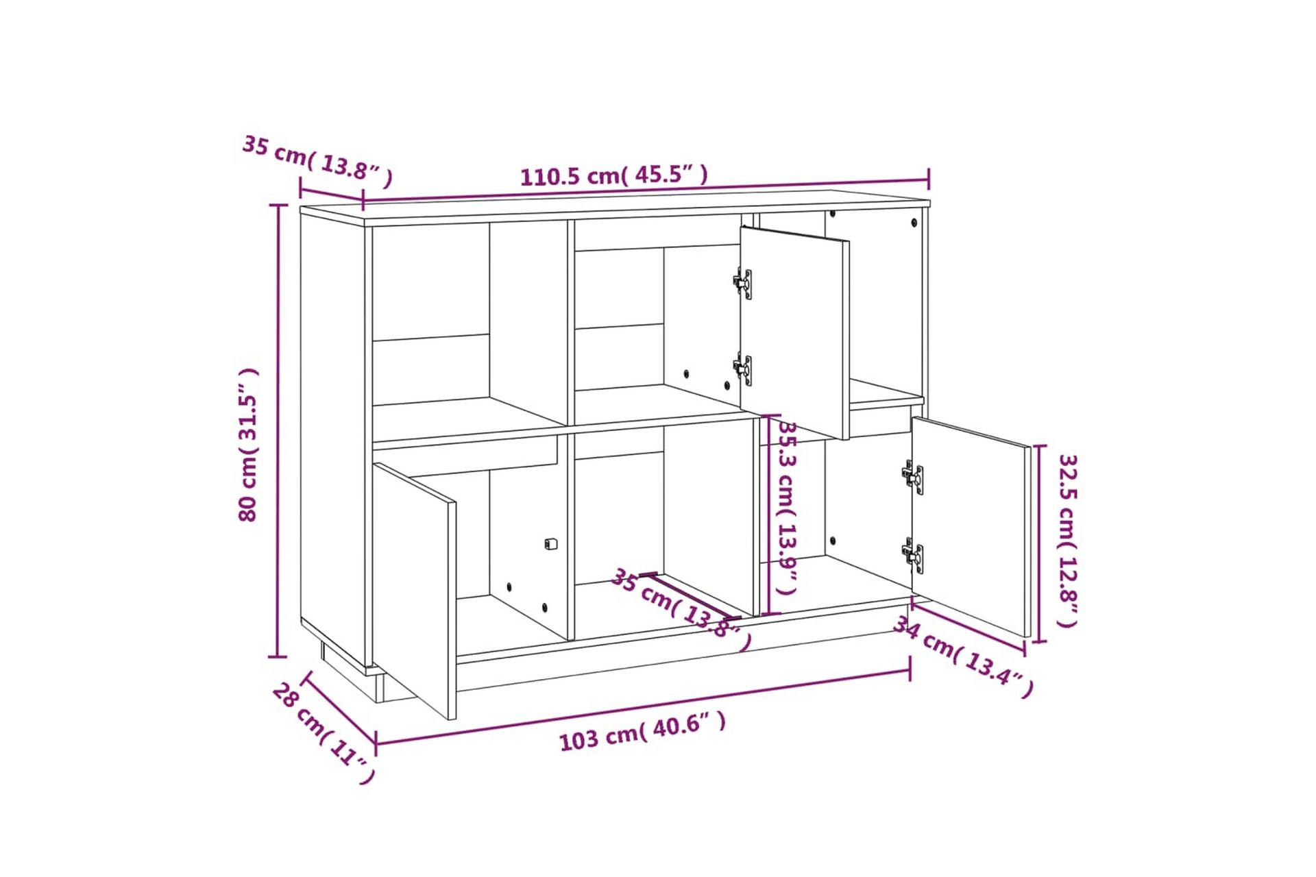 beBasic Skjenk hvit 110,5x35x80 cm heltre furu - Hvit - Oppbevaring - Oppbevaringsmøbler - Sideboard & skjenker