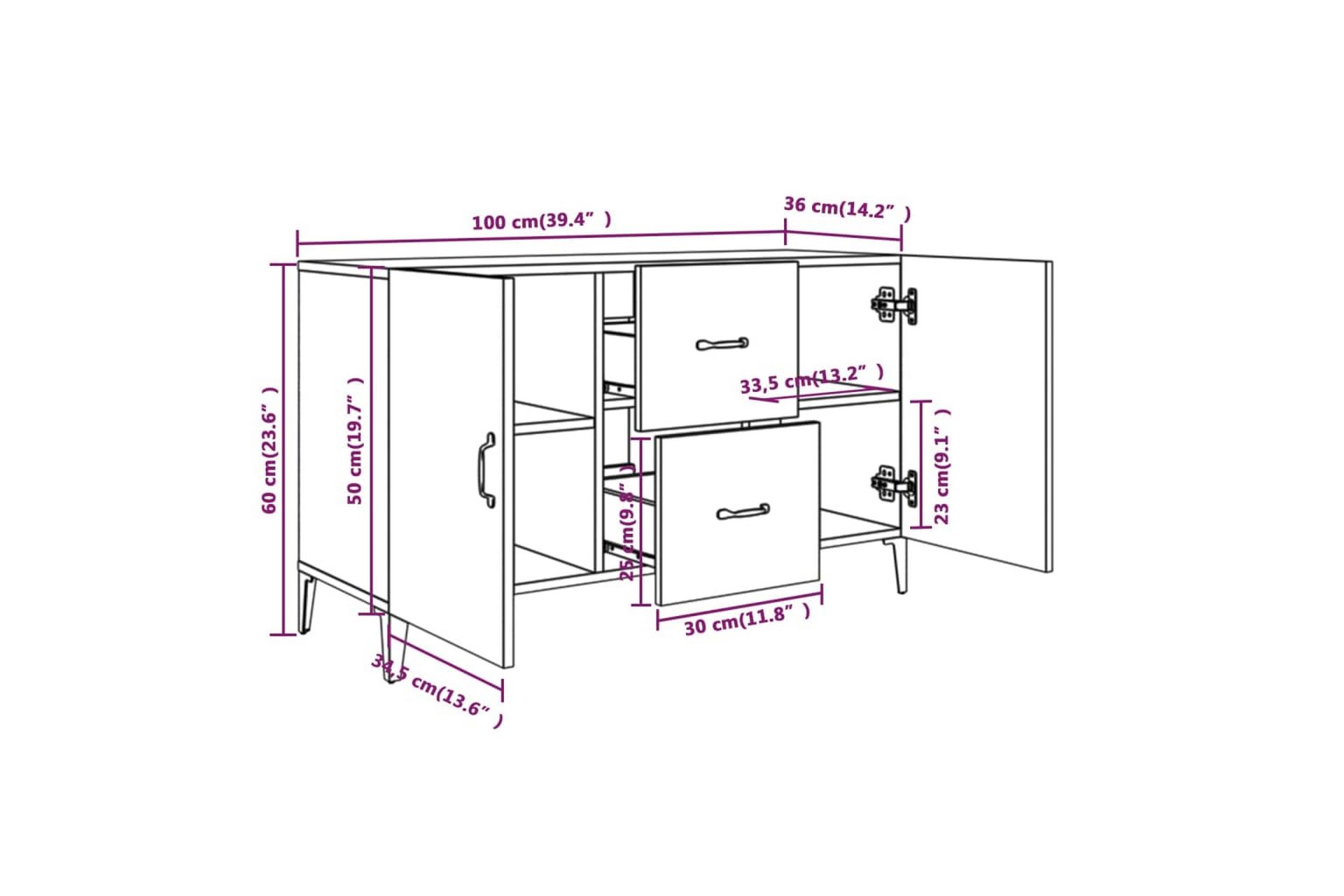beBasic Skjenk røkt eik 100x36x60 cm konstruert tre - Brun - Oppbevaring - Oppbevaringsmøbler - Sideboard & skjenker