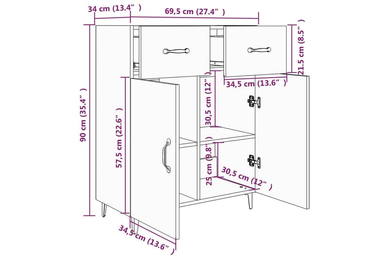 beBasic Skjenk svart 69,5x34x90 cm konstruert tre - Svart - Oppbevaring - Oppbevaringsmøbler - Sideboard & skjenker