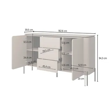 Bello Skjenk med 2 Dører og 3 Skuffer i Tre med Metallben - Taupe - Oppbevaring - Oppbevaringsmøbler - Sideboard & skjenker