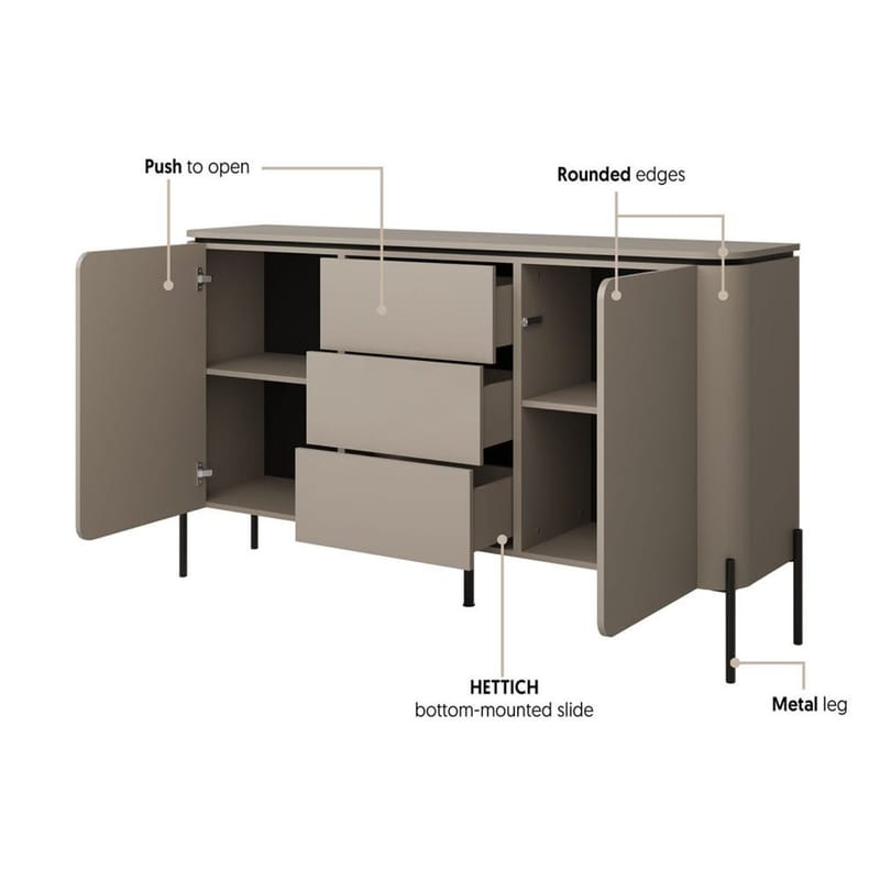 Bello Skjenk med 2 Dører og 3 Skuffer i Tre med Metallben - Taupe - Oppbevaring - Oppbevaringsmøbler - Sideboard & skjenker
