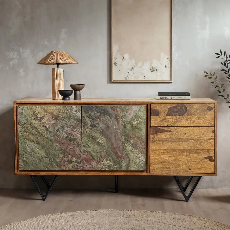 Corena skjenk 150 cm - naturbrun med flerfargede fronter i steinimitasjon og svarte ben - Oppbevaring - Oppbevaringsmøbler - Sideboard & skjenker