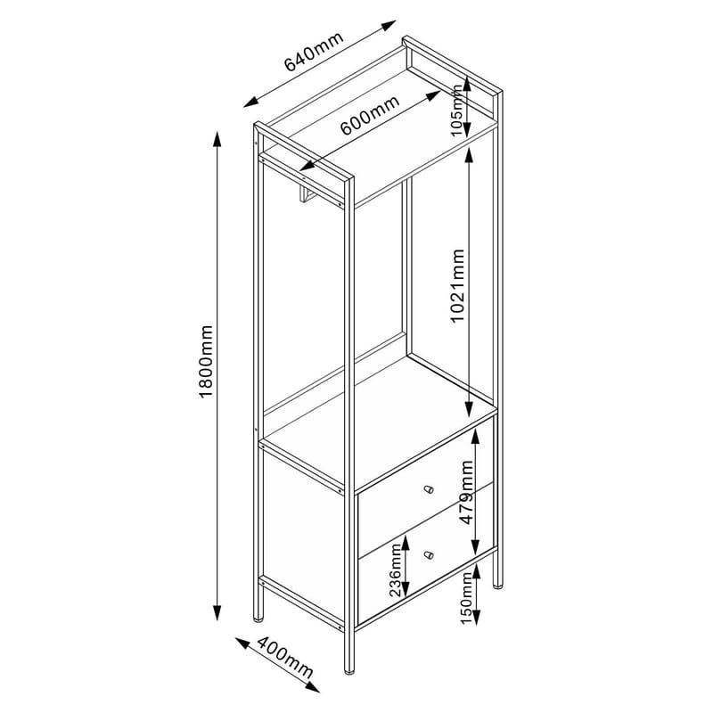 Hylle til entré HOME4YOU Hannes 64x40x180 cm rustikk melamin med skuffer - brun - Oppbevaring - Hyller - Hattehylle