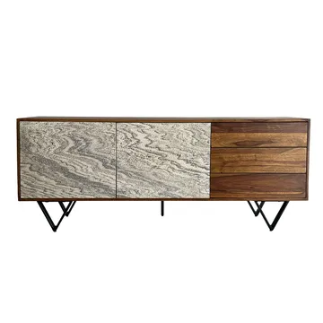 Jesvik skjenk 175x71x40 cm i massivt sheeshamtre med fronter i steinlook - hvit og naturtre - Oppbevaring - Oppbevaringsmøbler - Sideboard & skjenker