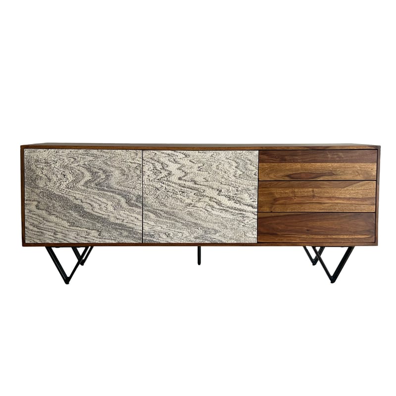 Jesvik skjenk 175x71x40 cm i massivt sheeshamtre med fronter i steinlook - hvit og naturtre - Oppbevaring - Oppbevaringsmøbler - Sideboard & skjenker