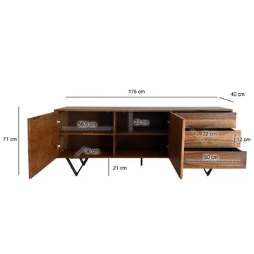 Jesvik skjenk 175x71x40 cm i massivt sheeshamtre med fronter i steinlook - hvit og naturtre - Oppbevaring - Oppbevaringsmøbler - Sideboard & skjenker