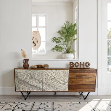 Jesvik skjenk 175x71x40 cm i massivt sheeshamtre med fronter i steinlook - hvit og naturtre - Oppbevaring - Oppbevaringsmøbler - Sideboard & skjenker