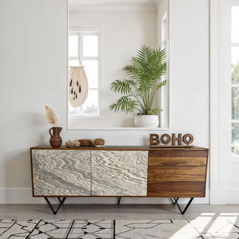 Jesvik skjenk 175x71x40 cm i massivt sheeshamtre med fronter i steinlook - hvit og naturtre - Oppbevaring - Oppbevaringsmøbler - Sideboard & skjenker