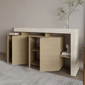 Jurukovo Konsoll 170x80x35 cm - Travertin og varm eik - Oppbevaring - Oppbevaringsmøbler - Sideboard & skjenker