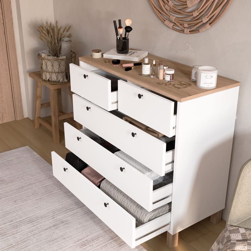 Kommode Hanah Home Nord (90 x 85,2 x 40 cm) Hvit eik - Hvit og eik - Oppbevaring - Oppbevaringsmøbler - Kommode - Entrekommode