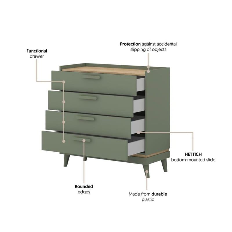 Kommode Scandi med 4 skuffer - Falmet grønn - Oljet eik - Oppbevaring - Oppbevaringsmøbler - Kommode - Entrekommode