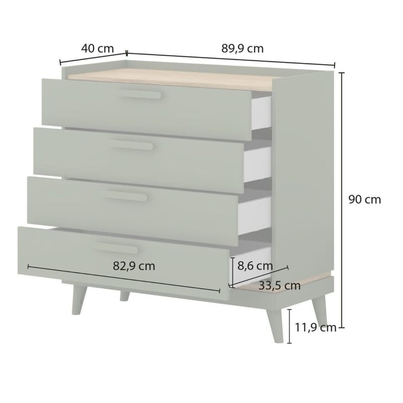 Kommode Scandi med 4 skuffer - Falmet grønn - Oljet eik - Oppbevaring - Oppbevaringsmøbler - Kommode - Entrekommode