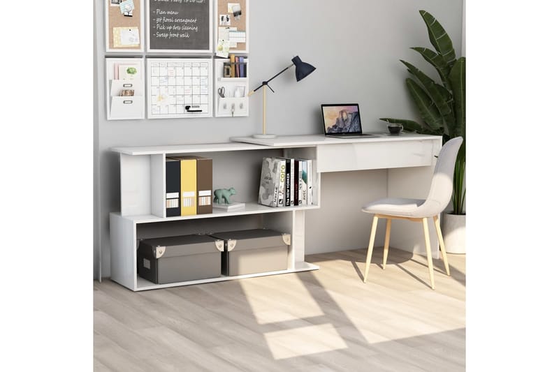 Hjørneskrivebord høyglans hvit 200x50x76 cm sponplate - Hvit - Skatoll