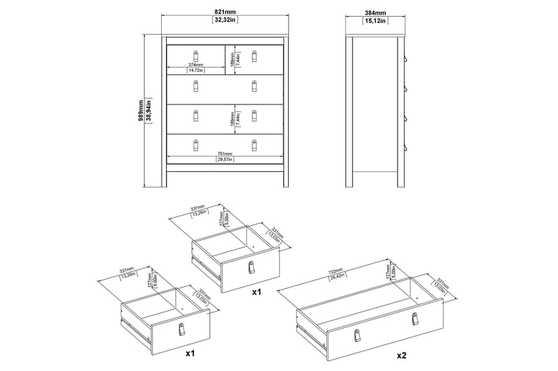 Vallvidera Kommode 5 Skuffer 38x82 cm - Svart/Natur - Oppbevaring - Oppbevaringsmøbler - Kommode