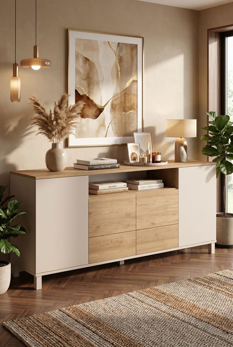 Konsollbord Hanah Home Mood (180 x 82,4 x 44,5 cm) Sand Oak - Sand eik - Oppbevaring - Oppbevaringsmøbler - Sideboard & skjenker