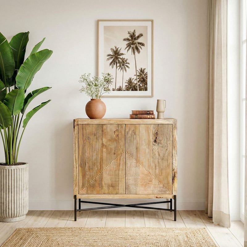 Livano skjenk 91 cm 3D-mønster industriell stil - varm lysebrun og svart - Oppbevaring - Oppbevaringsmøbler - Sideboard & skjenker