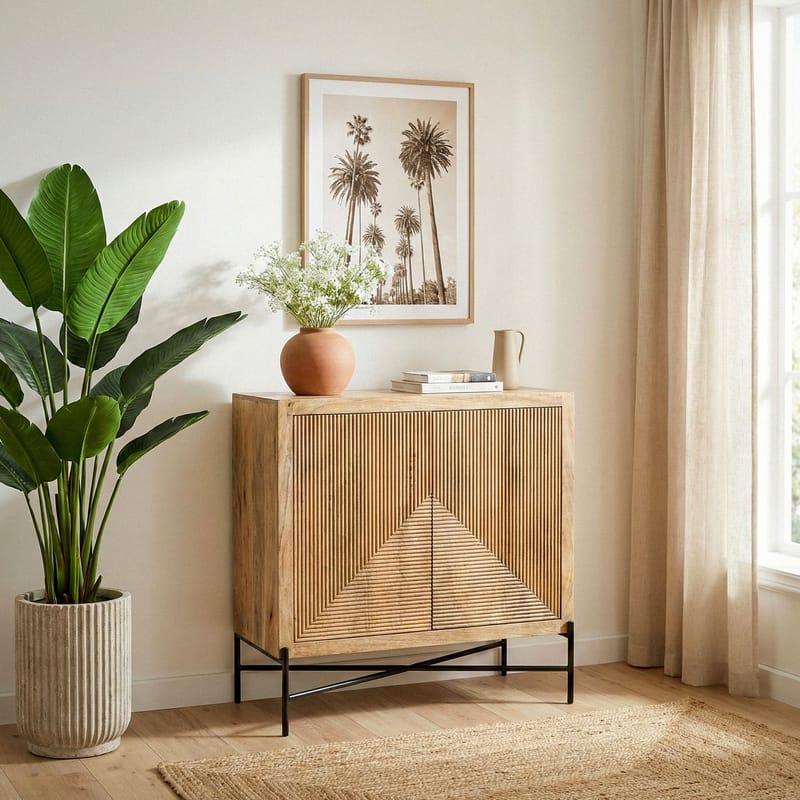 Livano skjenk 91 cm 3D-mønster industriell stil - varm lysebrun og svart - Oppbevaring - Oppbevaringsmøbler - Sideboard & skjenker