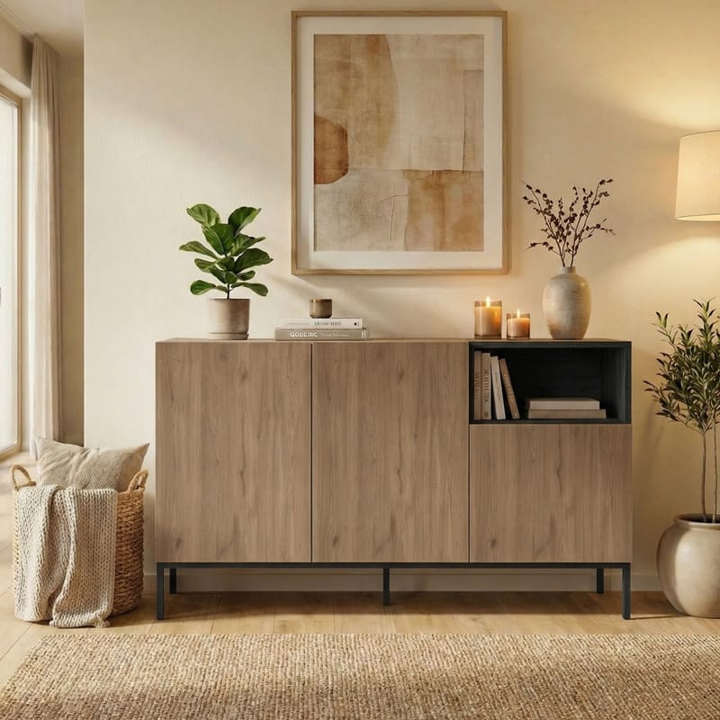Morlen Konsoll 140x80x41,8 cm - Natural Oak, Wood Black, Sandstone - Oppbevaring - Oppbevaringsmøbler - Sideboard & skjenker