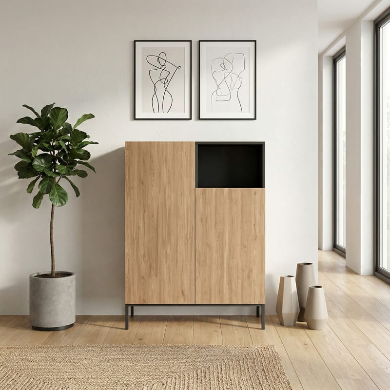 Morlen Skjenk 90x120x41,8 cm - Natural Oak, Wood Black, Sandstone - Oppbevaring - Oppbevaringsmøbler - Sideboard & skjenker