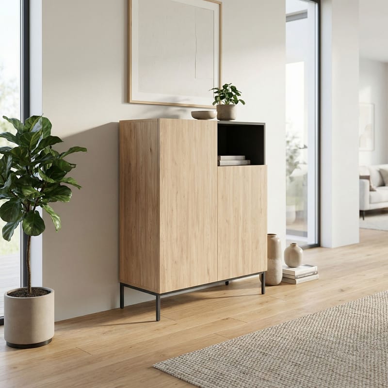 Morlen Skjenk 90x120x41,8 cm - Natural Oak, Wood Black, Sandstone - Oppbevaring - Oppbevaringsmøbler - Sideboard & skjenker