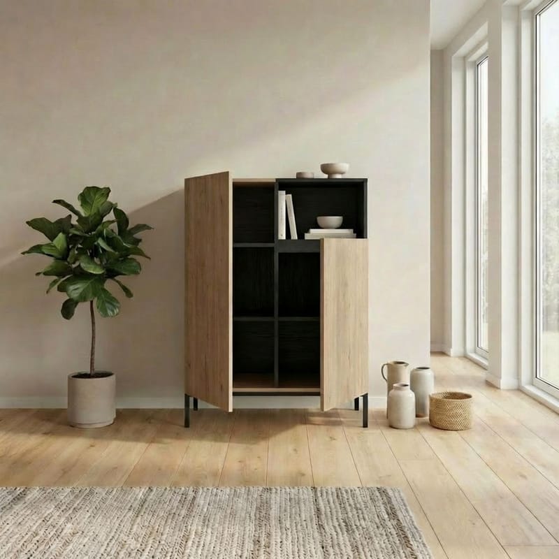 Morlen Skjenk 90x120x41,8 cm - Natural Oak, Wood Black, Sandstone - Oppbevaring - Oppbevaringsmøbler - Sideboard & skjenker