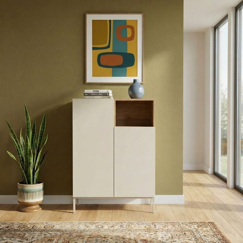 Morlen Skjenk 90x120x41,8 cm - Sandstein og naturlig eik - Oppbevaring - Oppbevaringsmøbler - Sideboard & skjenker