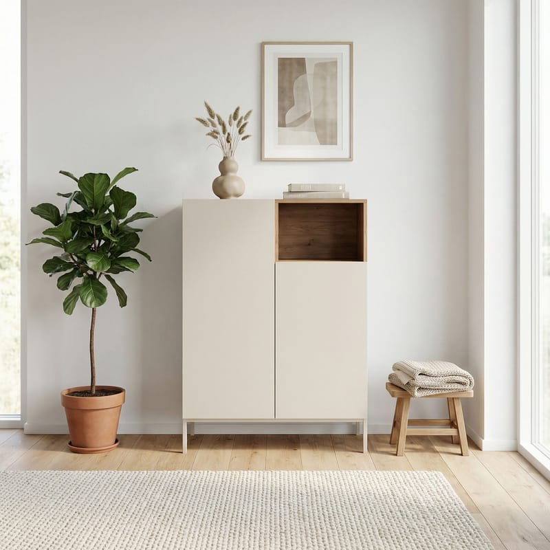 Morlen Skjenk 90x120x41,8 cm - Sandstein og naturlig eik - Oppbevaring - Oppbevaringsmøbler - Sideboard & skjenker