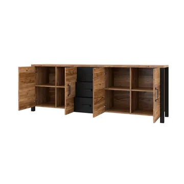 Olin Skjenk med 4 Dører og 3 Skuffer 220 cm i Tre med Furuutseende - Mellombrun - Oppbevaring - Oppbevaringsmøbler - Sideboard & skjenker