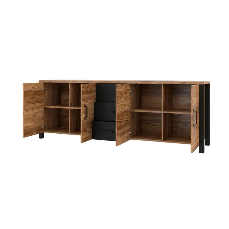 Olin Skjenk med 4 Dører og 3 Skuffer 220 cm i Tre med Furuutseende - Mellombrun - Oppbevaring - Oppbevaringsmøbler - Sideboard & skjenker