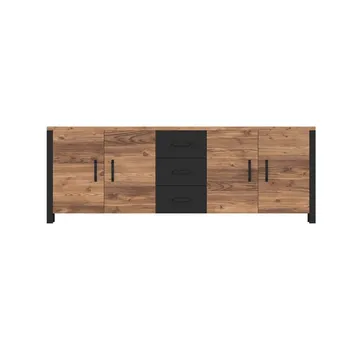 Olin Skjenk med 4 Dører og 3 Skuffer 220 cm i Tre med Furuutseende - Mellombrun - Oppbevaring - Oppbevaringsmøbler - Sideboard & skjenker