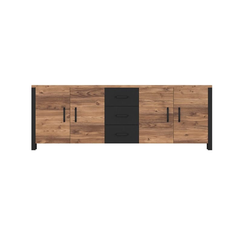 Olin Skjenk med 4 Dører og 3 Skuffer 220 cm i Tre med Furuutseende - Mellombrun - Oppbevaring - Oppbevaringsmøbler - Sideboard & skjenker