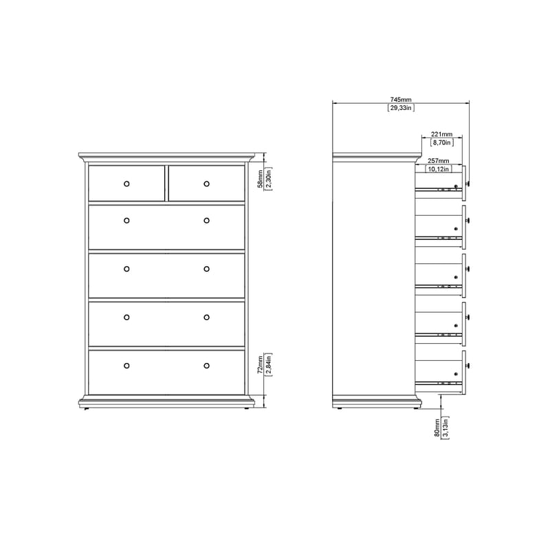 Paris Kommode med 6 skuffer 96x48x140 cm - Oppbevaring - Oppbevaringsmøbler - Kommode