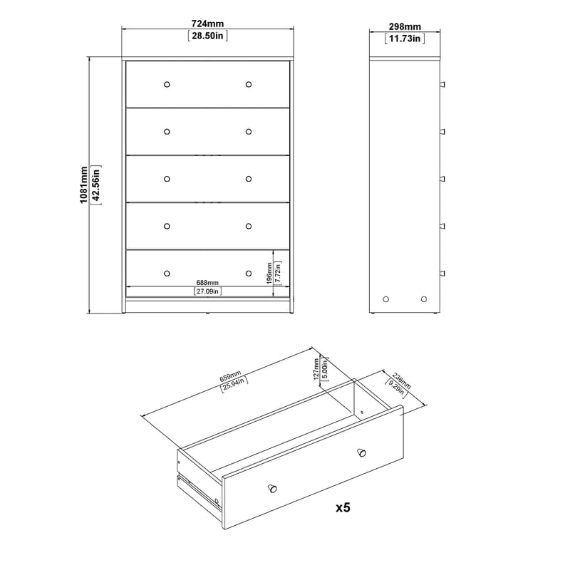 Renor Kommode med 5 skuffer Hvit 72x30x108 cm - Oppbevaring - Oppbevaringsmøbler - Kommode