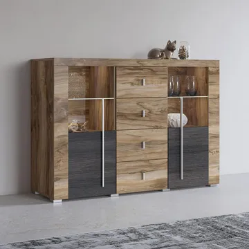 Roger Skjenk med 2 Dører og 4 Skuffer 132 cm i Tre med Valnøttutseende - Brun - Oppbevaring - Oppbevaringsmøbler - Sideboard & skjenker