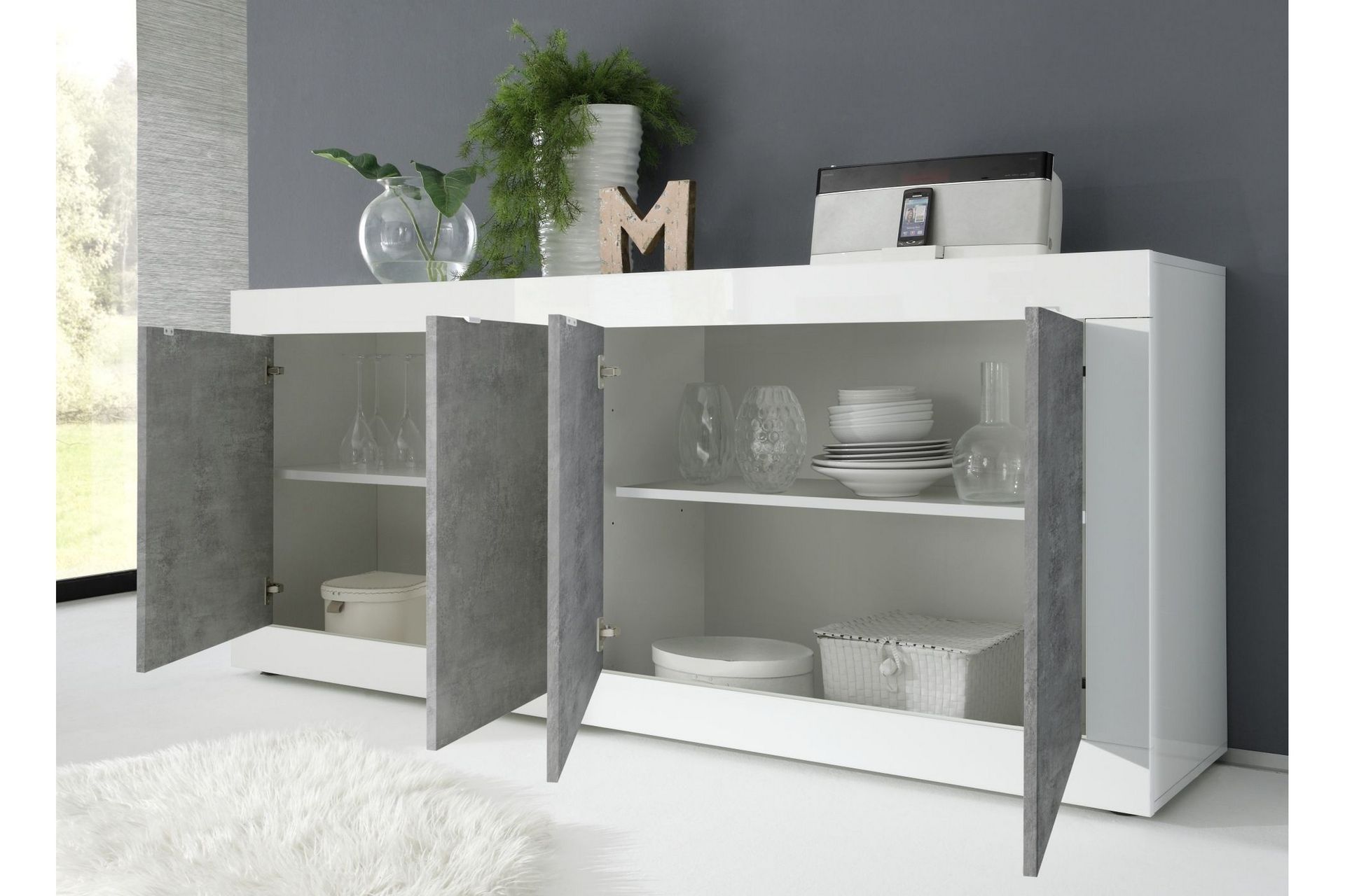 Basic Skjenk 102x43 cm - Hvit Høyglans/Grå - Oppbevaring - Oppbevaringsmøbler - Sideboard & skjenker